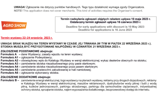 Forms for the AGRO SHOW 2023 exhibition.